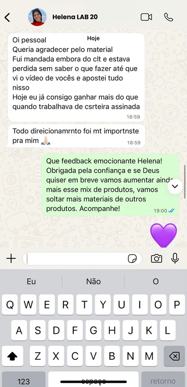 Depoimento de aluna no WhatsApp