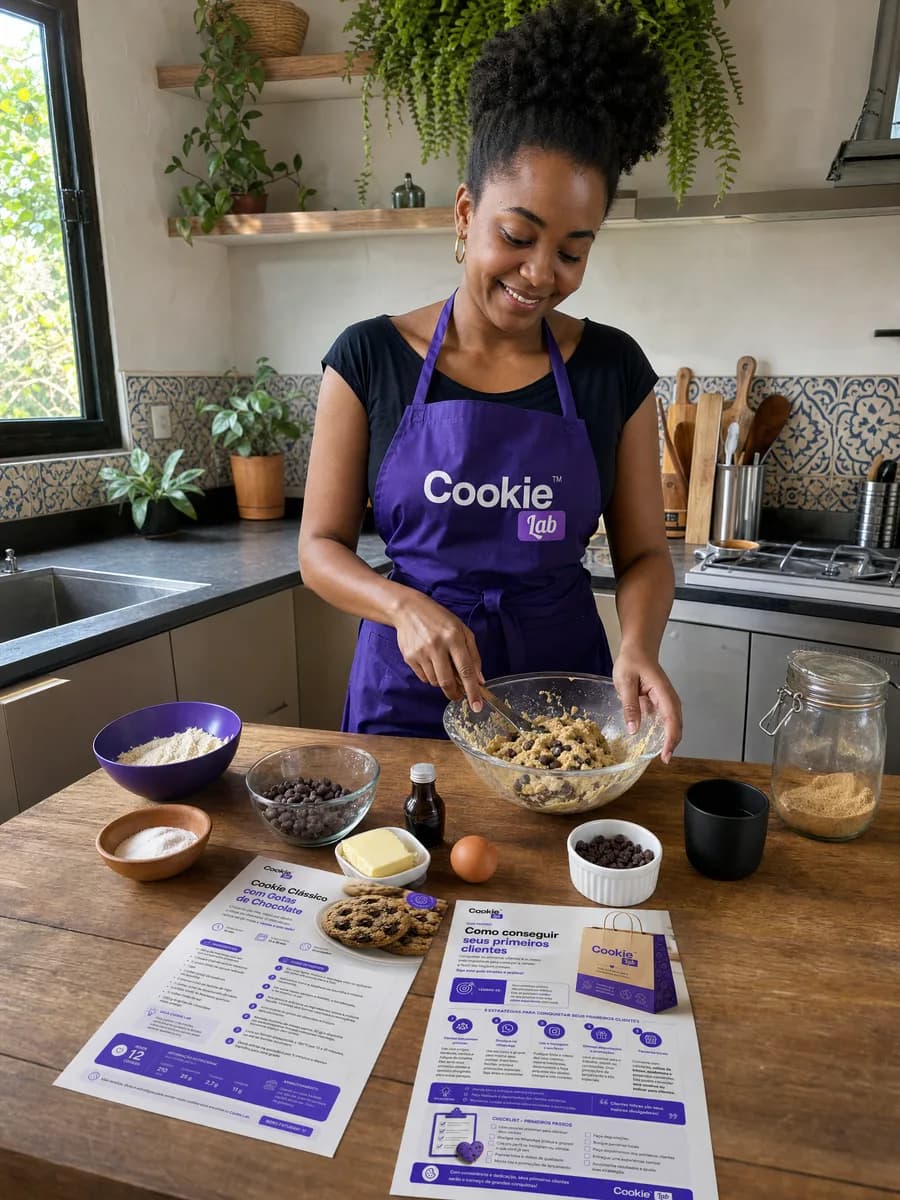 Aluna do Cookie Lab preparando massa de cookies na cozinha de casa